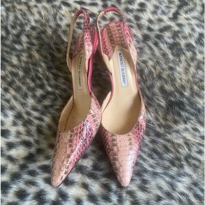 Vintage Pink Snakeskin Manolos, Leather Slingback Pumps